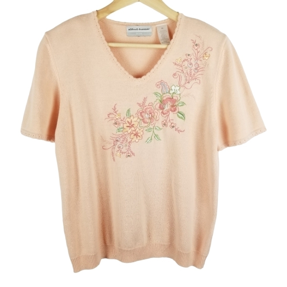 Alfred Dunner Petite Large Peach Embroidered Floral Sweater V-neck Cottagecore